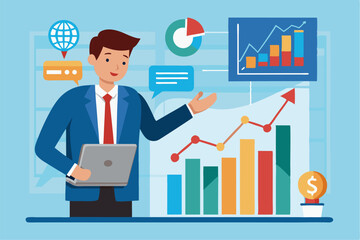 Business person interacting with a futuristic digital marketing interface, showcasing online advertising analytics, data charts, email marketing, and campaign performance metrics on a virtual screen. 