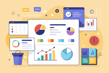 Business person interacting with a futuristic digital marketing interface, showcasing online advertising analytics, data charts, email marketing, and campaign performance metrics on a virtual screen. 