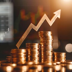 Rising gold coin stacks and upward arrow representing financial growth and success