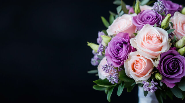 Beautiful bouquet of pink and purple roses with delicate greenery against a dark background, perfect for floral design and decoration projects
