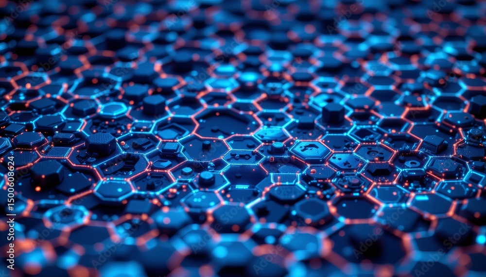 Poster an intriguing pattern that resembles a honeycomb structure, rendered in cool blues with accents of v