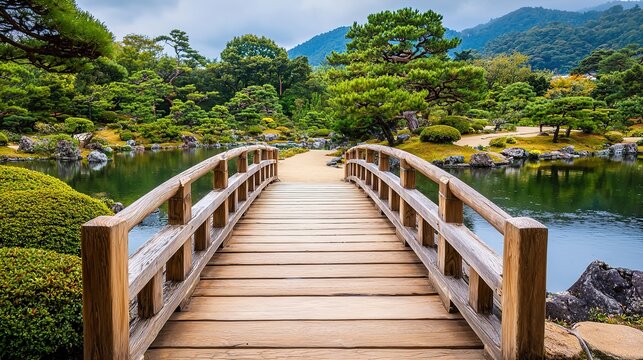 A wooden bridge crosses a tranquil pond in a lush, green Japanese garden with mountains in the background. - Powered by Adobe