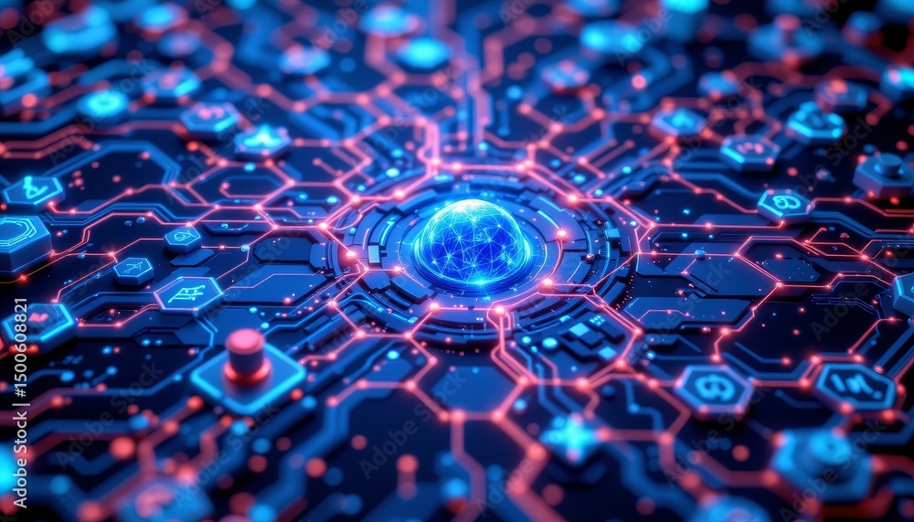 Poster an intricate, digital circuit board design with glowing red and blue lights representing connections