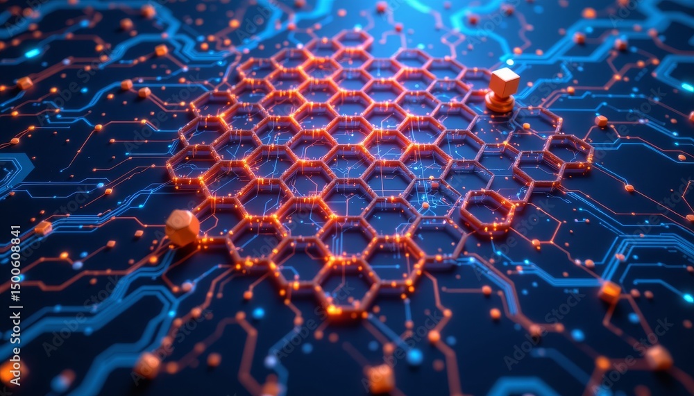 Aufkleber an intricate honeycomb like pattern against a dark background with a hint of blue light at the botto