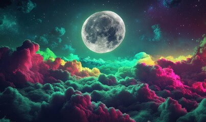 Fototapeta premium Full moon above colorful cloudscape at night; fantasy art for backgrounds