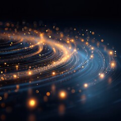 Glowing data points and circular patterns in a digital design representing innovation.