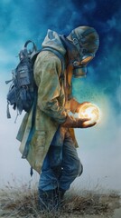 Post Apocalyptic Survivor Holding Glowing Orb in Wasteland