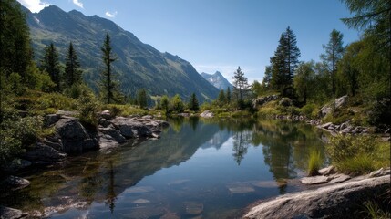 Serene Mountain Landscape with Clear Reflection in Tranquil Lake Surrounded by Lush Green Forest and Majestic Peaks under Bright Blue Sky