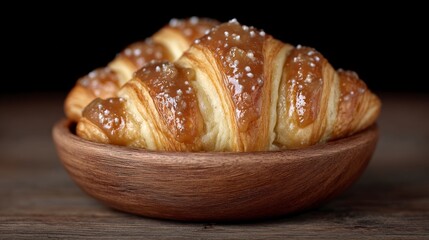 Fototapeta premium Delicious Caramel Croissants in Wooden Bowl Bakery Food Photography