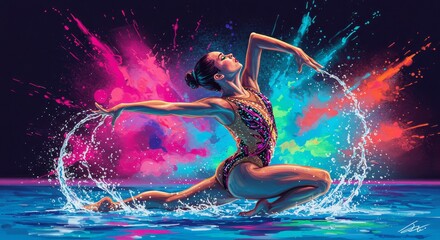 Pixelated Rhythmic Gymnastics Performance with Color Splash and Water Splashes