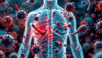 the image is an artistic representation of the human body with the interior visibly populated by virus particles