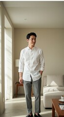 Portrait of a Smiling Man in White Shirt and Gray Pants Photo Indoors