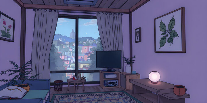 cozy lo-fi living room Japanese town view. vtuber asset twitch zoom OBS, anime chill hip hop. Cyan purple colours manga style