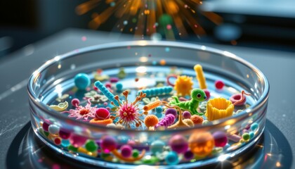 a microscopic view of a petri dish filled with vibrant, multicolored bacterial cells