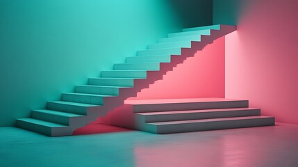 Minimalist Steps, Neon Hues, Interior Scene