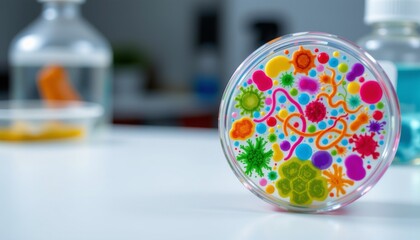 a microscope slide with an assortment of colorful microorganisms, including bacteria and viruses, arranged in an orderly fashion a