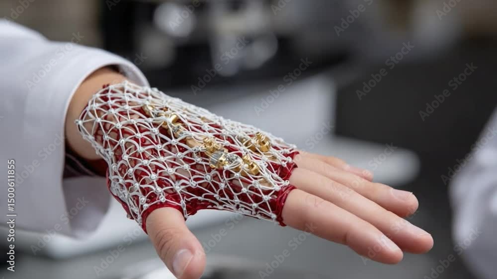 Poster hand in experiment: a hand in a lab setting showcasing a medical experiment, highlighted by intricat