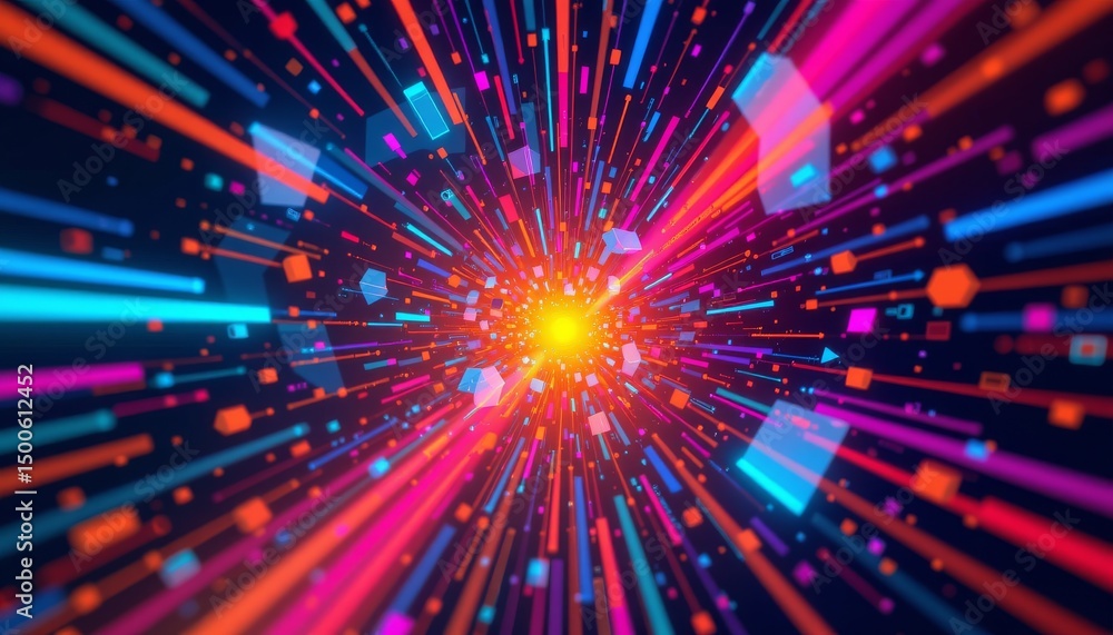 Poster a vibrant and futuristic space scene with dynamic colors that create an illusion of a tunnel effect