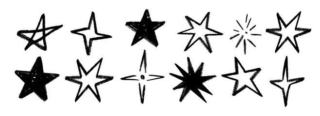 Black crayon hand drawn stars set. Childish doodled sparkles and sparks collection. Grunge rough brush stroke shine element pack for collage, poster, sticker. Kid sketched wax pencil symbols. Vector