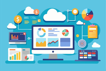 Business person interacting with a futuristic digital marketing interface, showcasing online advertising analytics, data charts, email marketing, and campaign performance metrics on a virtual screen. 