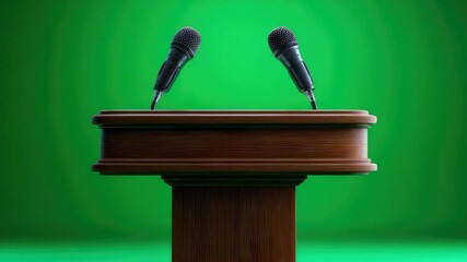 Wooden podium with microphones - Powered by Adobe