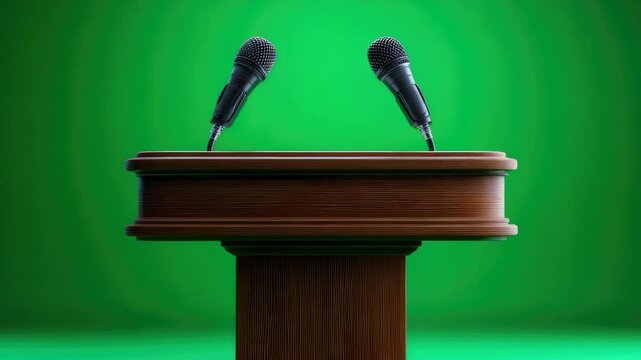 Wooden podium with microphones