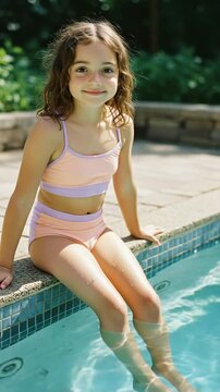 A young little girl in two-piece swimsuit sits beside the pool with her feet dangling water on bright sunny day, appearing carefree.