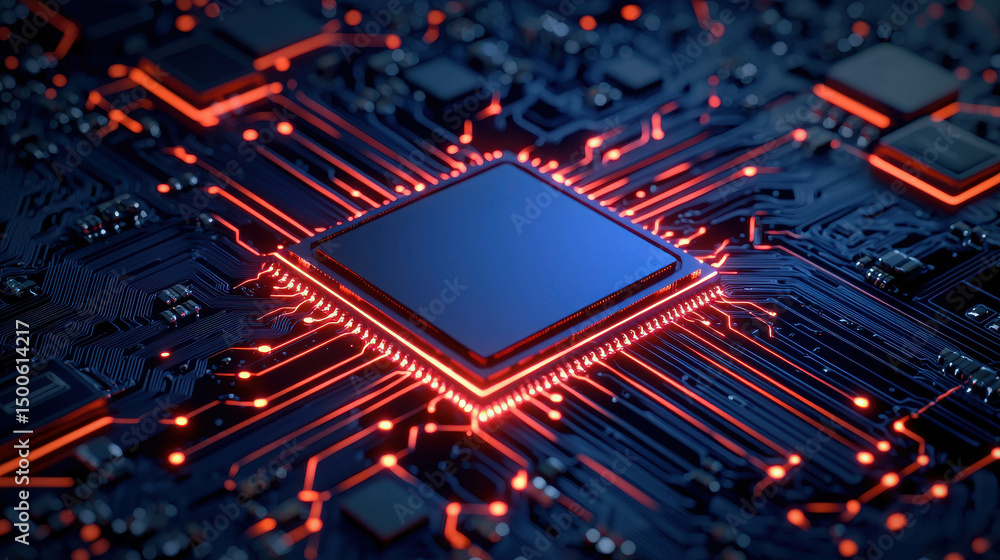 Poster high-tech microprocessor on a circuit board illuminated by glowing red lights, showcasing intricate 