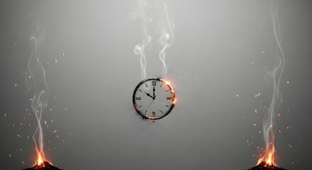 Abstract Minimalist Image of a Clock Reduced to Fine Drifting Ashes, with Faint Trails of Smoke Rising from Where It Once Stood, Its Circular Outline Suspended in Empty Gray Space, Embers Lingering at