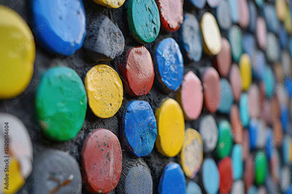 Poster colorful circular shapes on a textured wall surface creating a vibrant and eye-catching visual displ
