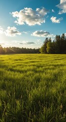 Fototapeta premium Scenic Landscape Photo of Green Field Trees and Blue Sky with Sunlight