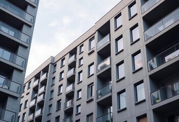 Fototapeta premium Sleek grey apartment building, modern architecture, geometric facades, real estate, block