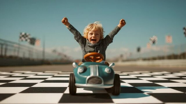 Joyful Victory: A happy child celebrates winning a toy car race, arms raised in triumph on a checkered flag finish line.