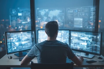 User surrounded by several computer screens, using digital tools for advanced task management and analysis.