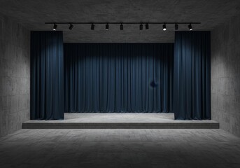 Theater Stage With Blue Curtains and Concrete Interior Photo