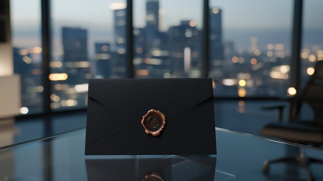 Elegant Black Envelope with Wax Seal on Glass Table in Modern Office Setting at Night