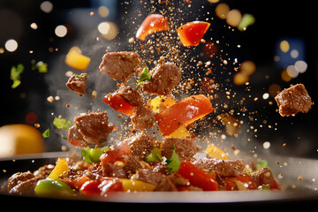 Fast-action kebab flight scene featuring sizzling beef, roasted tomatoes, bell pepper strips, smoke wisps, and spice granules flying under spotlight, captured in stunning detail.