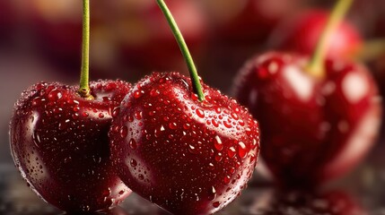 Fresh and Juicy Red Cherries with Water Droplets on a Reflective Surface in a Vibrant Background