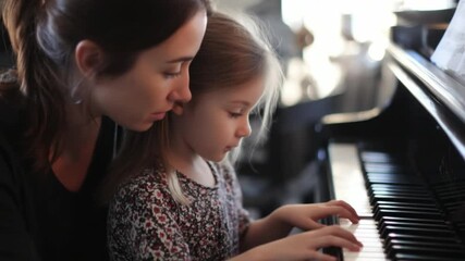 Learning Harmony: A touching scene of a young girl learning piano with guidance and support. Showing the joy of music education. 