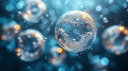 Floating spheres with internal textures and bokeh lights, against a blue background