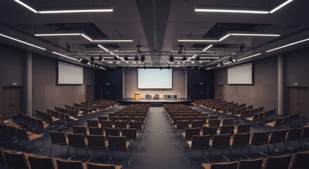 Wide Angle Photo Of Empty Auditorium Hall With Chairs And Stage Ready
