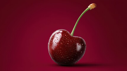 Fresh and Juicy Cherry with Water Droplets on a Rich Burgundy Background Highlighting Natural Texture and Color Vibrancy