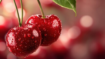 Fresh and Juicy Red Cherries with Water Droplets Hanging from a Branch Against a Blurred Background for Natural Food Photography