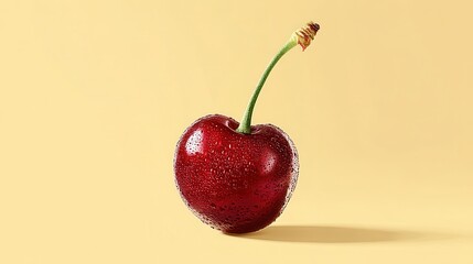 Fresh and Juicy Cherry with Water Drops on a Soft Yellow Background, Perfect for Health and Food Related Content
