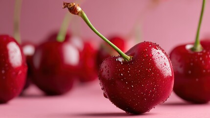 Fresh and Juicy Red Cherry with Water Drops on a Soft Pink Background, Showcasing the Beauty of Summer Fruits in a Vibrant and Appealing Way