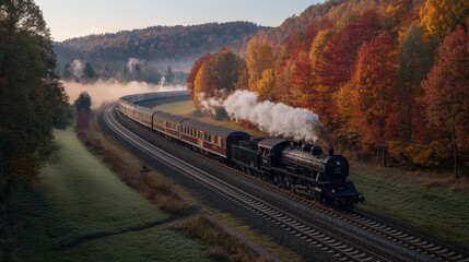 Vintage Steam Train Rolling Through Scenic Autumn Landscape in Early Morning Light