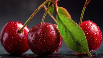 Fresh Red Cherries with Water Droplets and Green Leaves on Dark Background for Culinary and Healthy Lifestyle Concepts