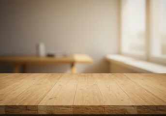 Wooden Table Surface In Interior With Blur Background Photo