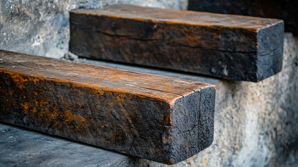 Weathered Wooden Beams on Rustic Stone Steps with Authentic Texture and Character Enhancing Indoor or Outdoor Spaces