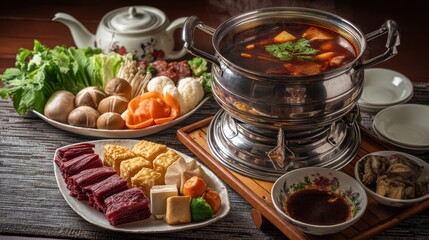 A Delicious Hot Pot Feast Featuring Fresh Ingredients, Meats, and Vegetables for a Culinary Adventure at Home